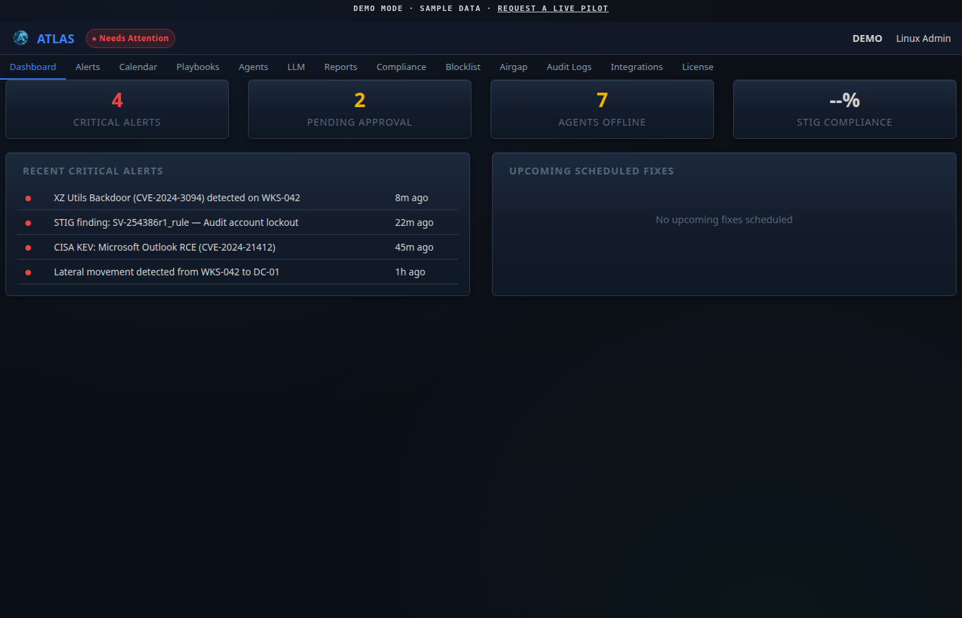Dashboard with critical alerts and STIG compliance