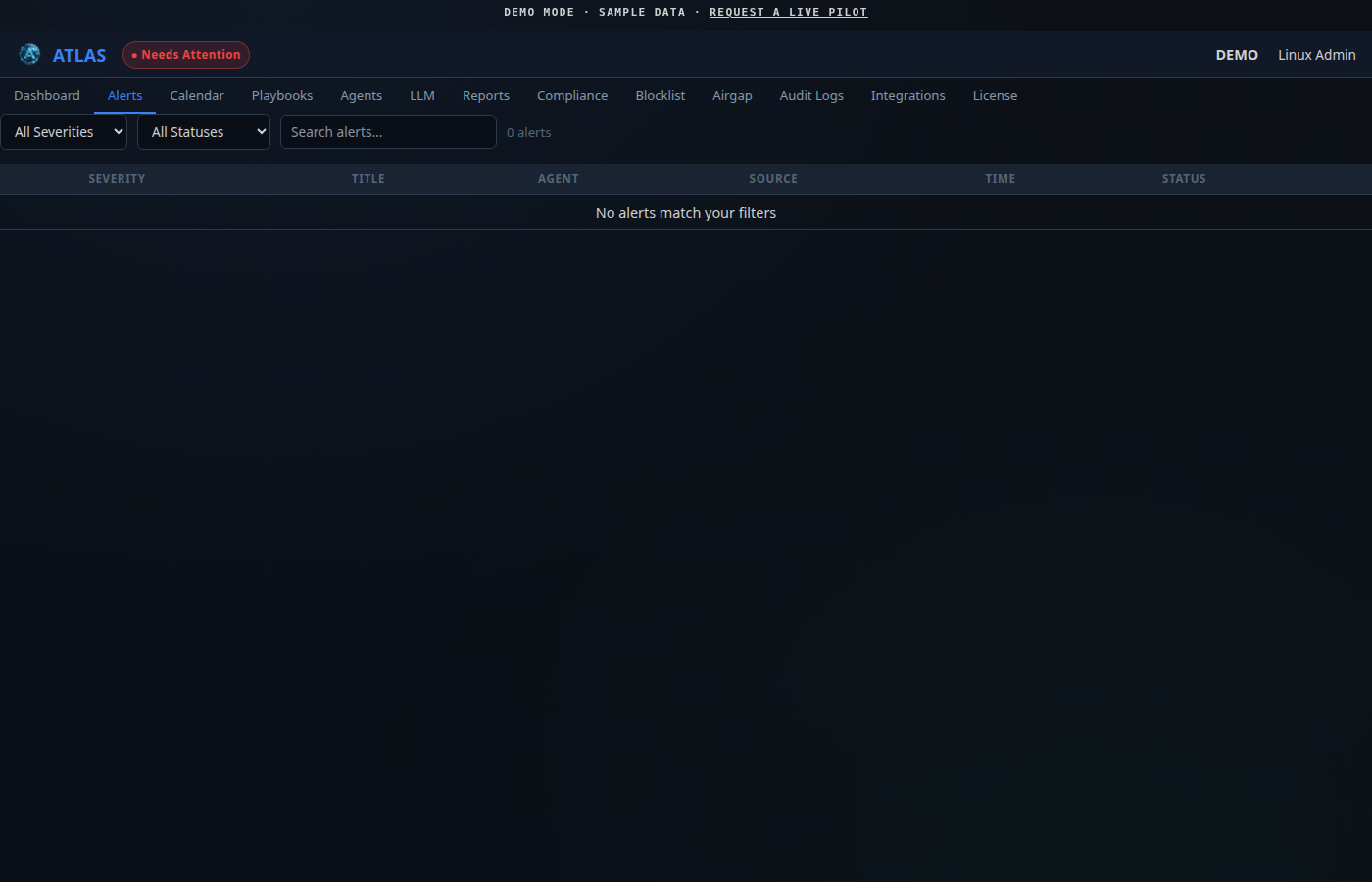 Alerts list with severity filters